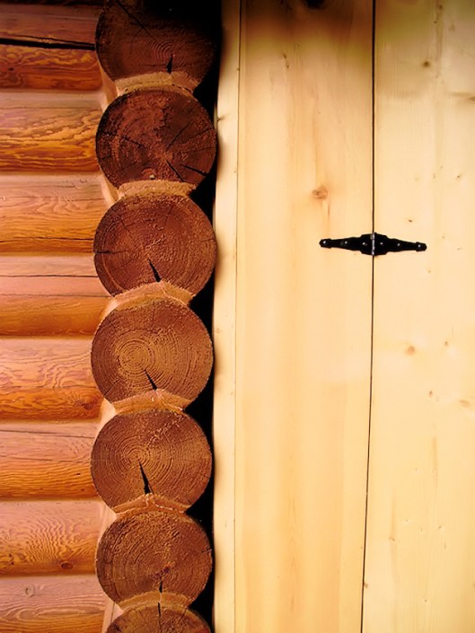 photo of the butt end of a wall of a log house with a cabinet built to match the ends