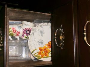 mugs and plates with tropical flowers sharing a drawer with plastic left over containers