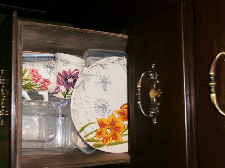 mugs and plates with tropical flowers sharing a drawer with plastic left over containers