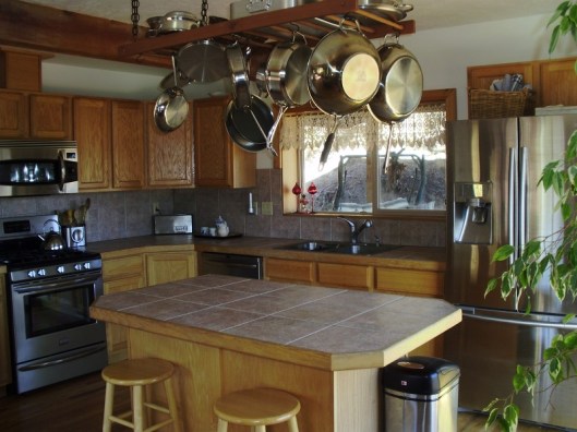 photo of kitchen with ficus peeking out on the right.
