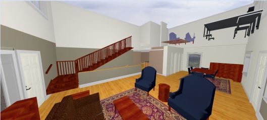 computer generated model of a 2 story room with stairs that do not make it to the 2 nd floor.