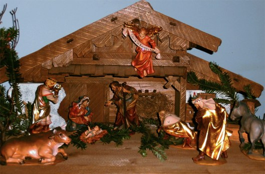 hand made Christmas nativity with Mary, Josept, the babe, the angles and the wise men.