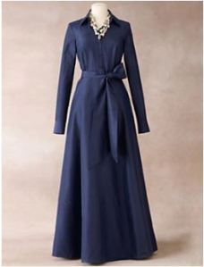 ladies ball gown in silk shirtwaste style with full skirt ink blue