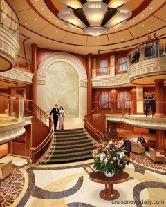 couple decending stairs in grand entry dressed in evening clothes