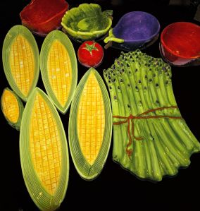 Closeup of various vegetable shaped dishes