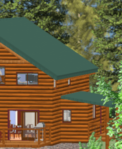 side of log house showing a lean-to on the lower floor