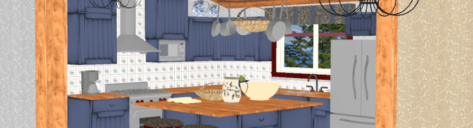 3D mock up of kitchen placed in a lean-to. The dining table is in the foreground