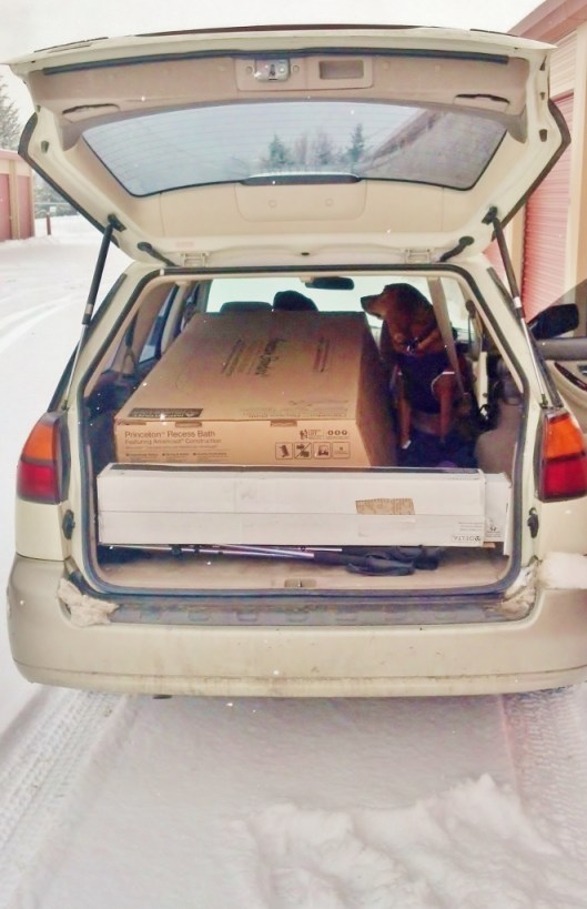 open hatch of a subaru with a bathtub box and a dog inside