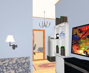 view from living through kitchen into bedroom with office