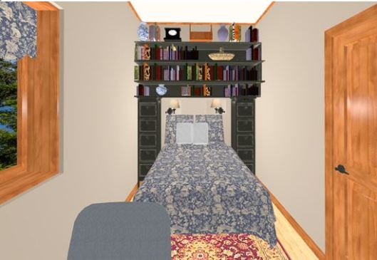 view of bedroom with office chair in the front and bed with a black bookcase storage unit built around it.
