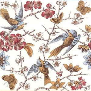 ceramic tile showing birds and flowers up close, muted colors, late 1800s design