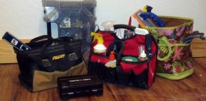 several tool bags sitting on the floor togehter. Left to right, AWP canvas and black with drill-drivers and torpedo level, Kobalt screw box, Porter Cable box, red tool tote filled with calk, cleaning, glue, etc. and green and pink flowered bag with tile float and glove hanging out of one of its pockets